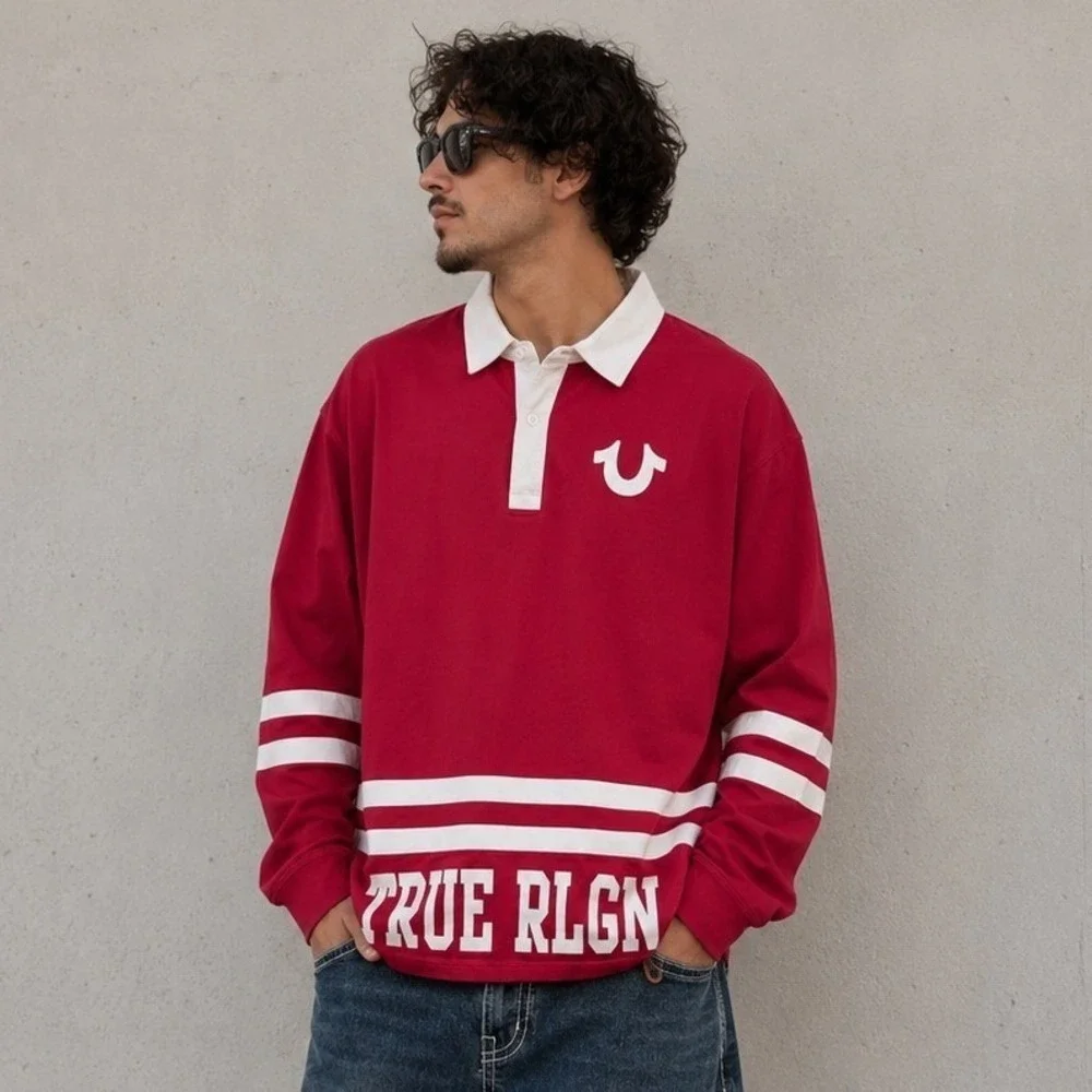 True Religion Rugby Shirt Men 2XL Red White Long Sleeve Polo Striped Streetwear
